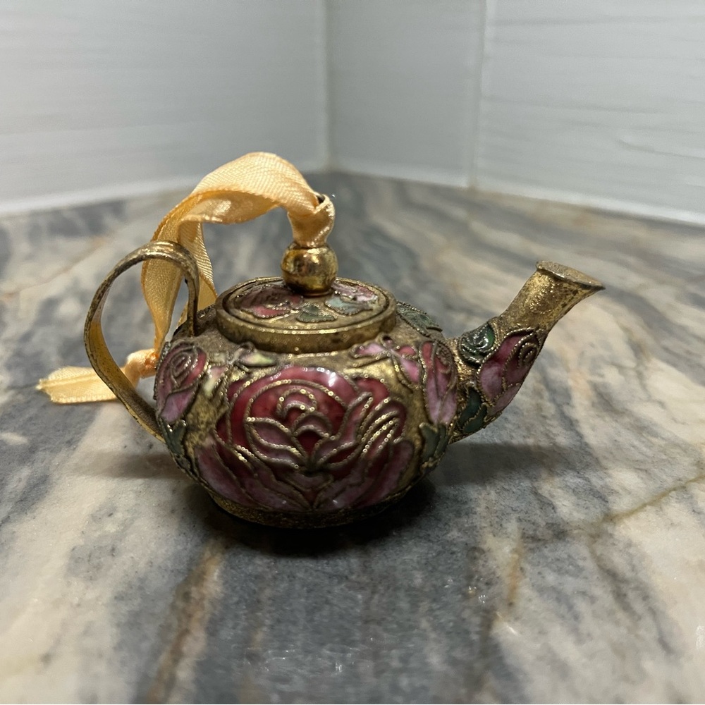 VTG Miniature Cloisonné Teapot Floral Oranament Hanging Gold Pink Green
